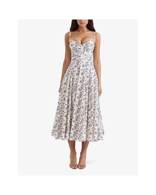 House Of Cb White Steffani Floral-Print Stretch-Cotton Midi Dress