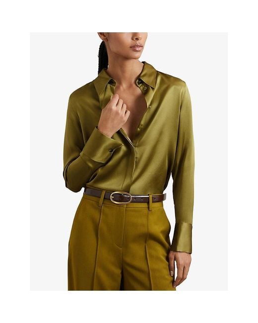 Reiss Green Ameira Concealed-Placket Long-Sleeve Silk Shirt