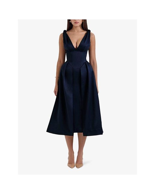 House Of Cb Blue Paloma Pleated Satin Midi Dress