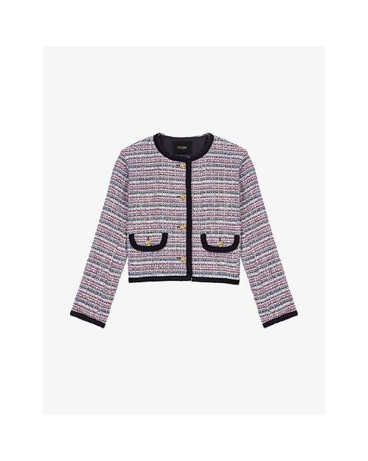 Maje Purple Short Tweed Cotton-Blend Jacket