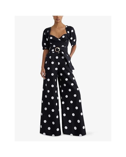 Reiss Blue Brook Puff-Sleeve Polka-Dot Linen Jumpsuit