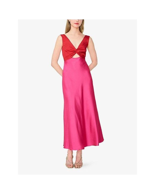 OMNES Red Maggy V-Neck Cut-Out Sleeveless Satin Midi Dress