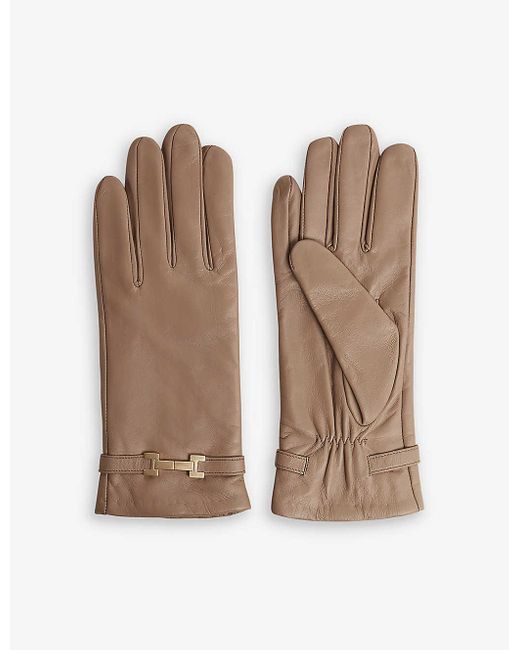 Reiss Brown Harriet Gold-tone Hardware Leather Gloves