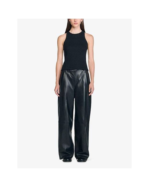 Sandro Black Rhinestone-Embellished Round-Neck Stretch-Cotton Tank Top