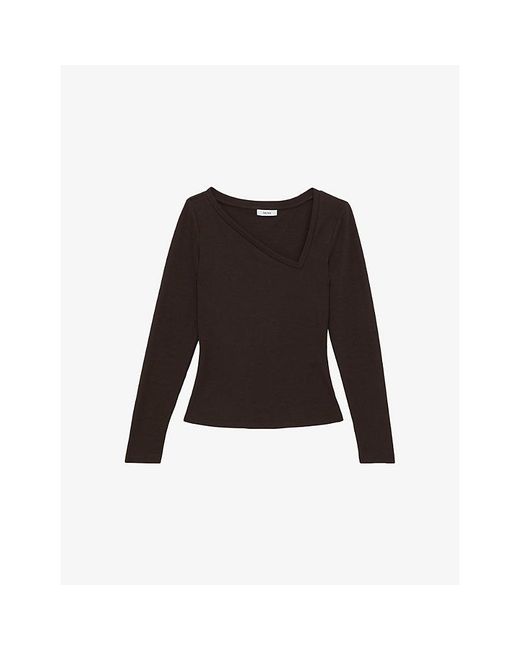 Reiss Black Felicity Asymmetric-Neck Stretch-Cotton Top