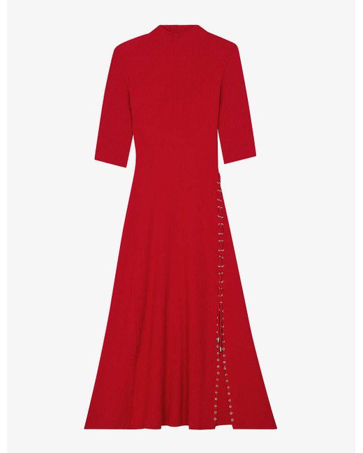Maje Red Rullya Lace-up Ribbed Stretch-knit Midi Dress