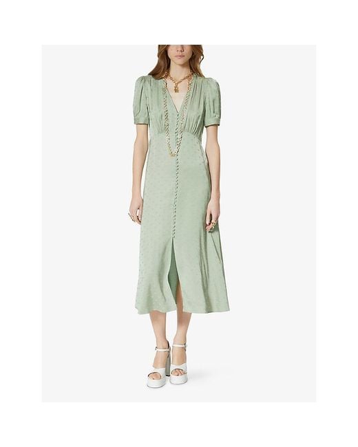 The Kooples Green Jacquard-Heart Short-Sleeve Satin Midi Dress