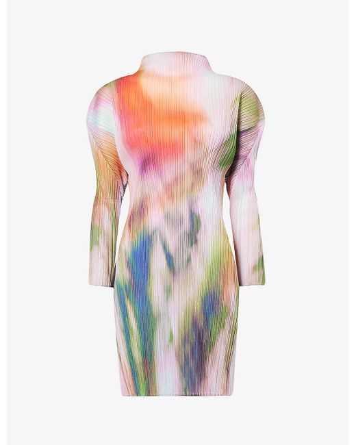 Pleats Please Issey Miyake Multicolor And Spinach Abstract-pattern Knitted Top