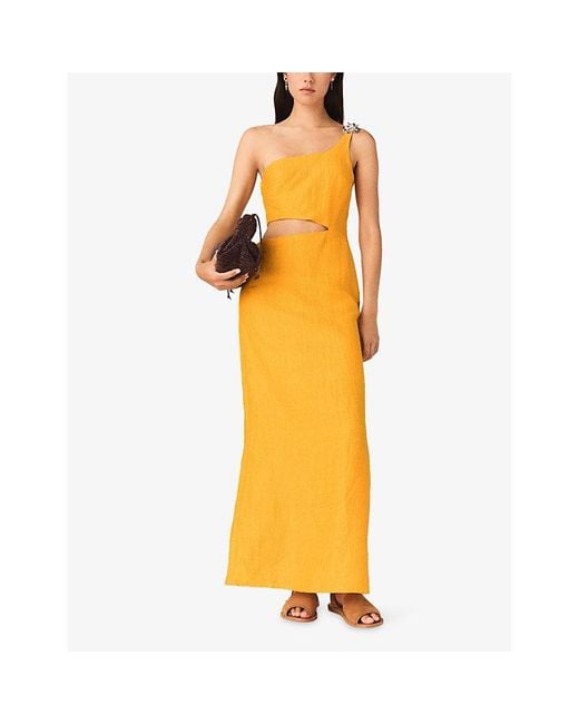 Maje Yellow Asymmetrical Cut-Out Linen-Blend Maxi Dress
