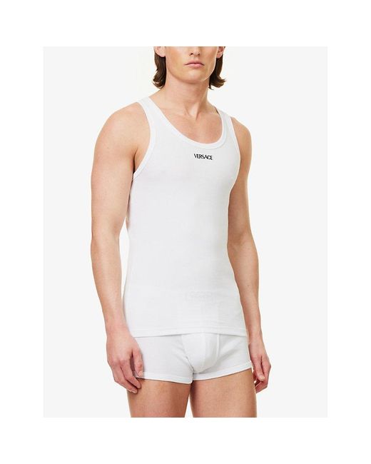 Versace White Brand-embroidered Stretch-cotton Vest Top for men