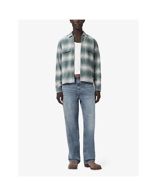AllSaints Blue Polanco Zip-Up Checked Cotton Shirt for men