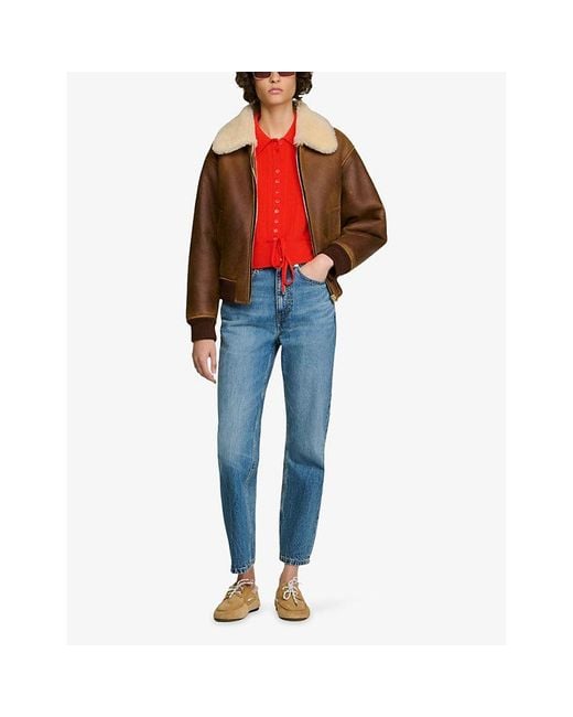 Sandro Red Pointelle-Knit Tie-Waist Wool-Blend Cardigan