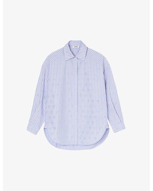 Sandro Blue Valentine Rhinestone-heart Cotton Shirt