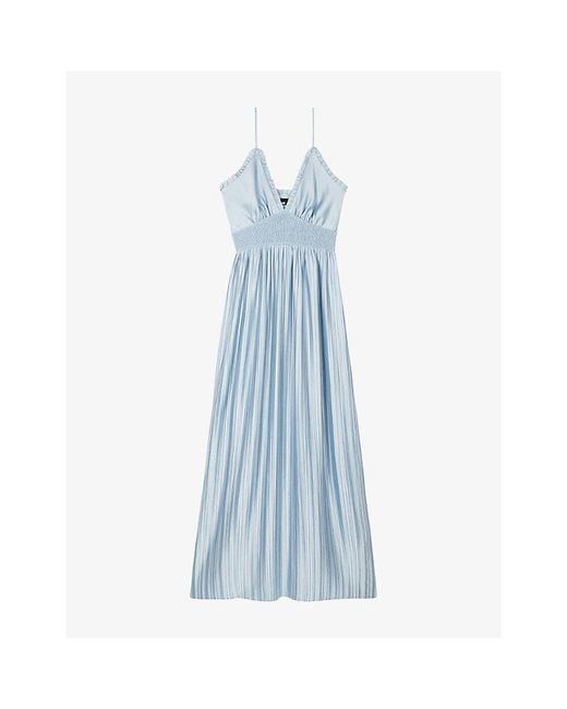 The Kooples Blue V-Neck Shirred-Waist Woven Maxi Dress