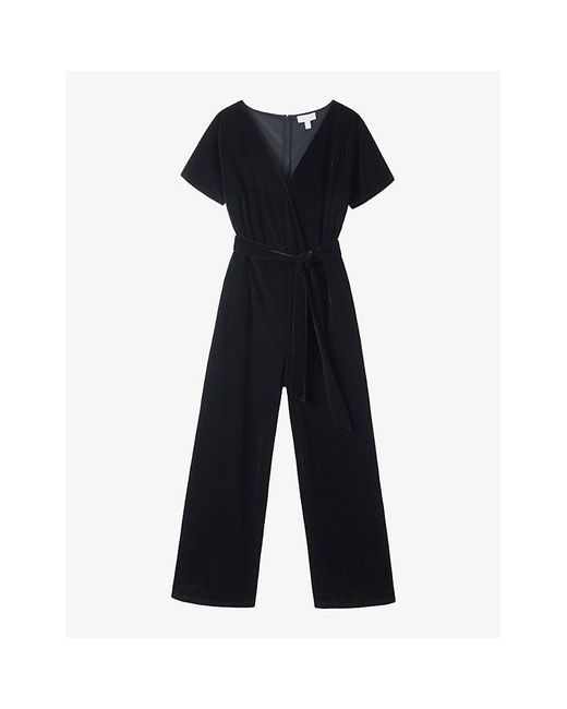 The White Company Blue V-Neck Velvet-Texture Stretch-Polyester Jumpsuit