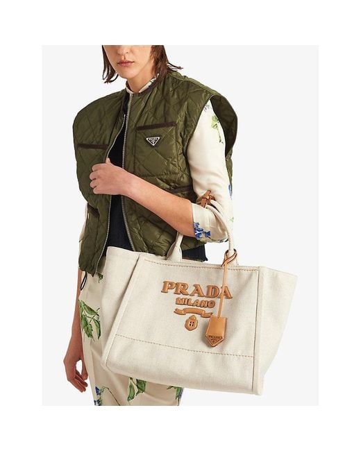 Prada Natural Brand-typography Large Linen-blend Tote Bag