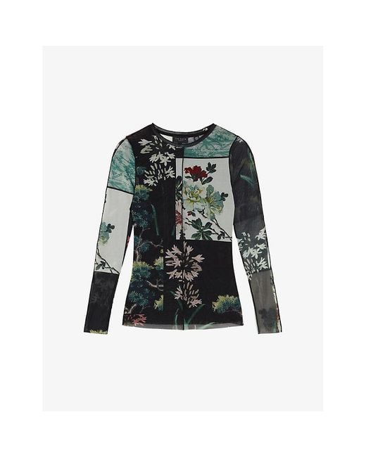 Ted Baker Green Lareana Floral-print Long-sleeve Stretch-mesh Top