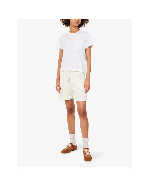 Emello White Embroidered Patch-Pocket Cotton Shorts