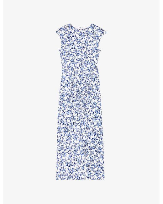 Maje Blue Floral-pattern Draped Stretch-jersey Maxi Dress
