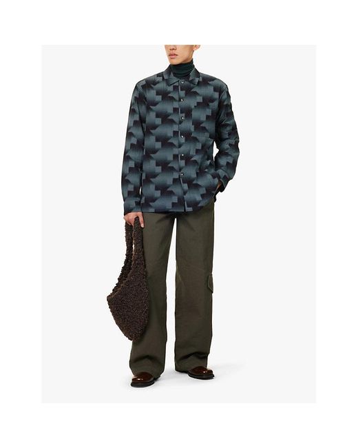 Dries Van Noten Blue Lightly-Padded Abstract-Pattern Regular-Fit Woven Shirt for men