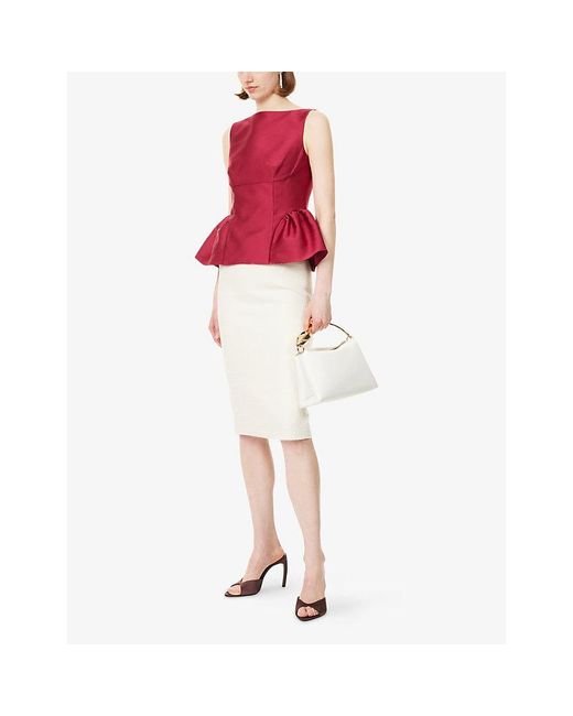 Roland Mouret Red Ruffled-Hem Cinched-Waist Taffeta Top