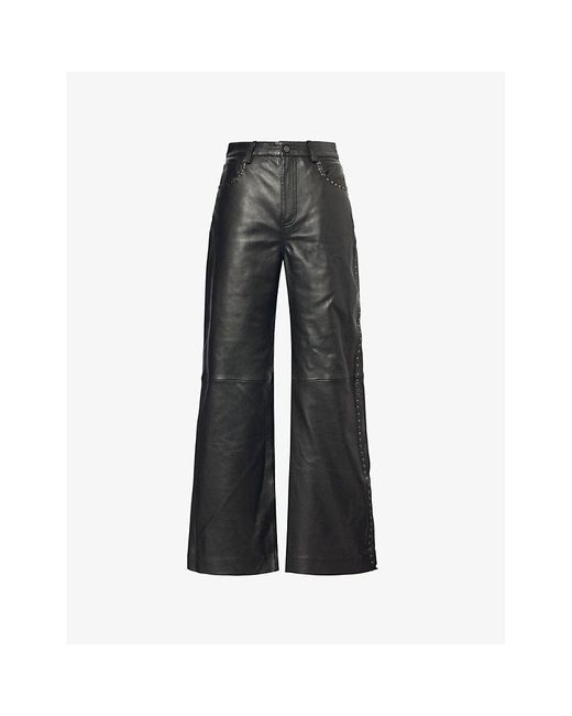 Reformation Black Veda Kennedy Studs-Embellishment Wide-Leg Mid-Rise Leather Trousers