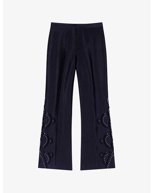 Maje Blue Open-work Flared-leg Linen Trousers