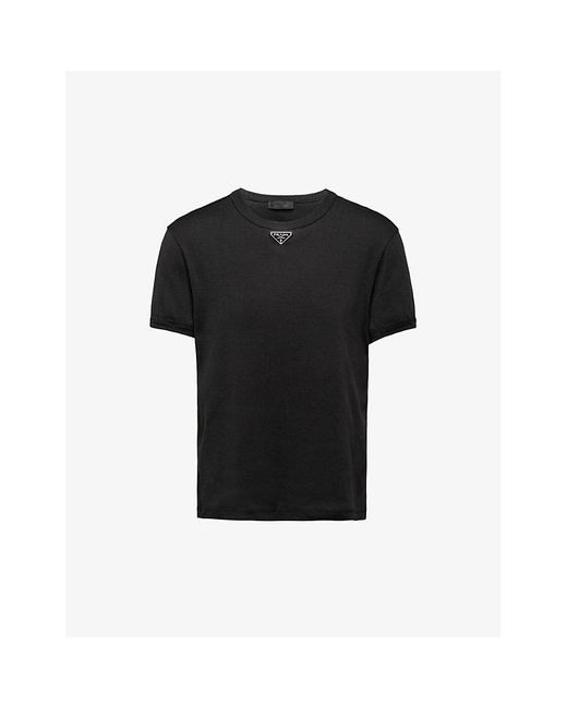 Prada Black Logo-plaque Crewneck Slim-fit Cotton T-shirt for men