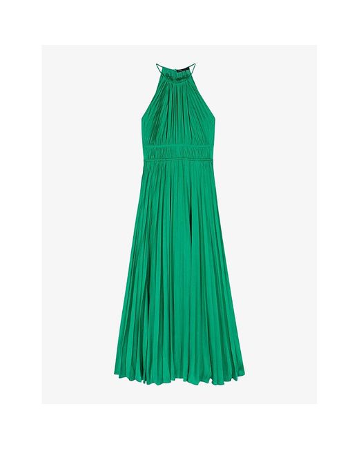 Maje Green Side-tie High-neck Pleated Satin Maxi Dress