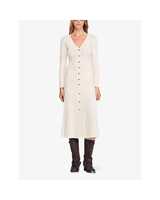 Sandro Natural Long-Sleeve Flared Open-Knit Maxi Dress