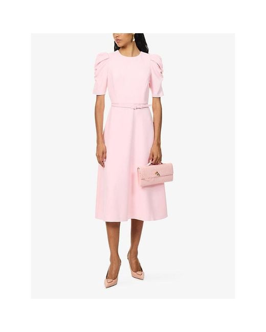 Carolina Herrera Pink Puffed-Sleeve Belted Crepe Midi Dress