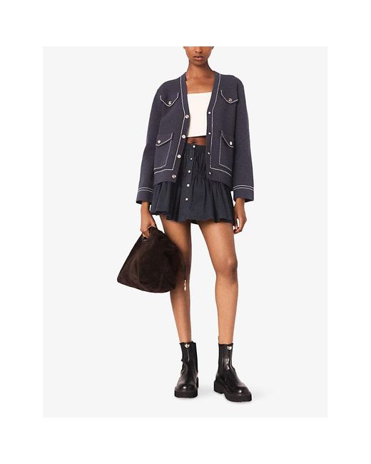 Maje Blue V-Neck Contrast-Stitched Knitted Cardigan