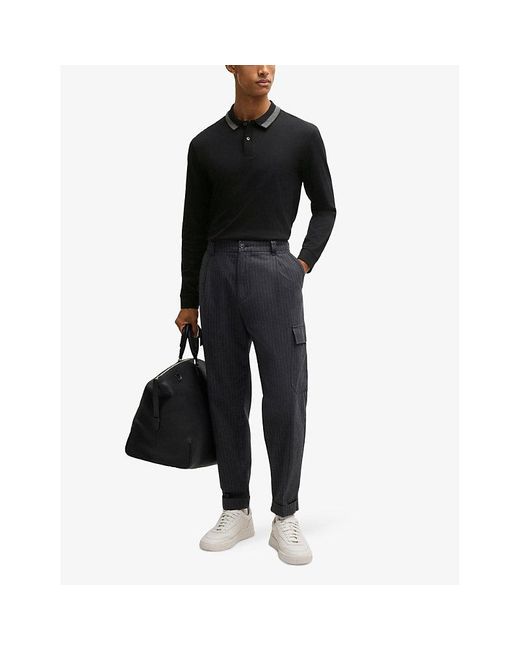 Boss Black Striped-Trim Long-Sleeved Cotton-Jersey Polo Shirt for men