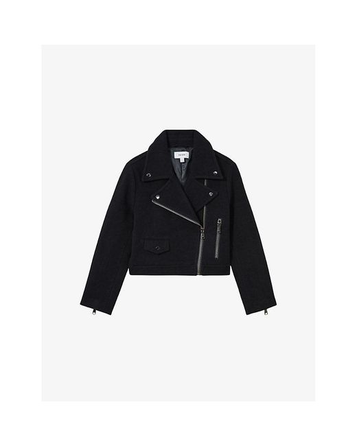 Reiss Black Wool-Blend Biker Jacket