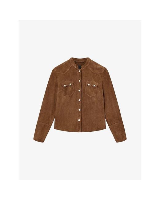 AllSaints Brown Rock Grandad-Collar Long-Sleeve Suede Shirt