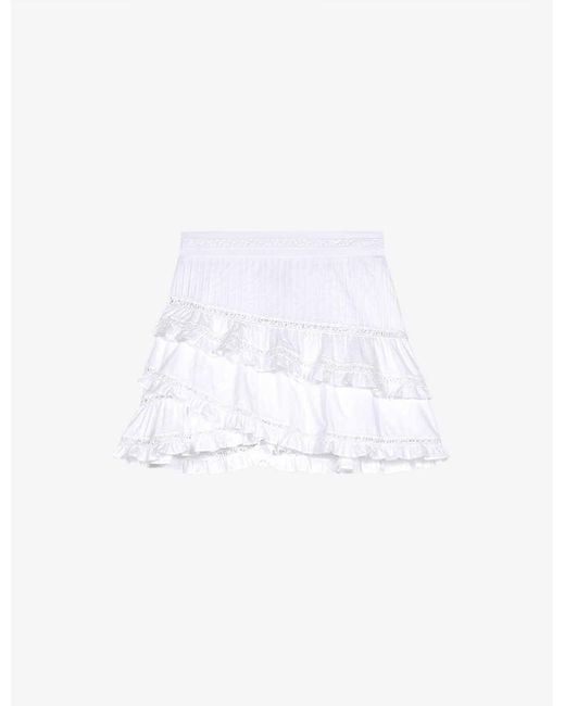 Maje White Lace-embroidered Ruffle-trim Cotton Mini Skirt