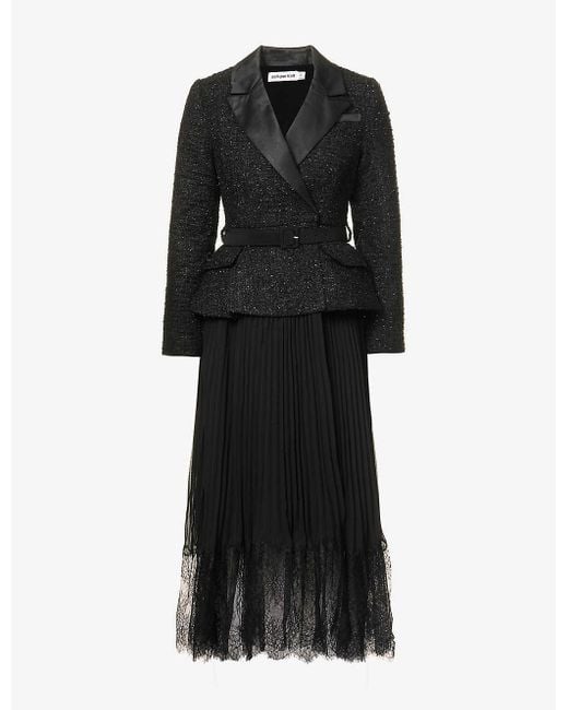 Self-Portrait Black V-neck Metallic-weave Woven Midi Dress
