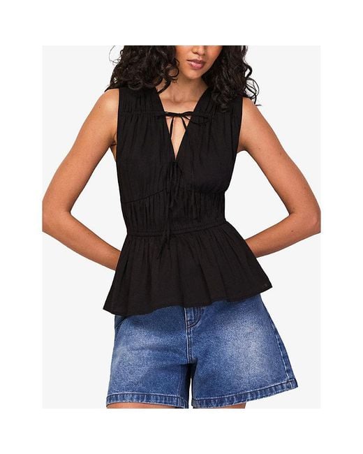 Ro&zo Black Tie-Front Sleeveless Cotton-Voile Top