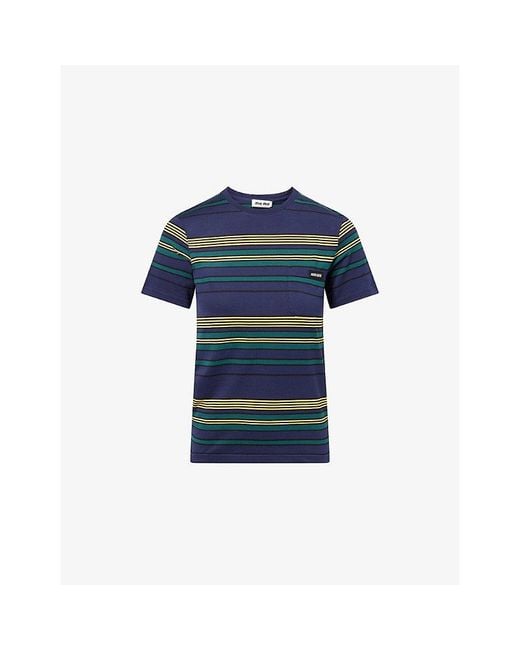 Miu Miu Blue Stripe Logo-Patch Cotton-Jersey T-Shirt