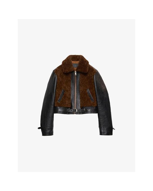 Prada Brown Panelled Leather And Shearling Jacket
