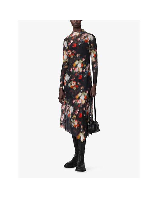 AllSaints Black Gracie Floral Stretch-Mesh Midi Dress