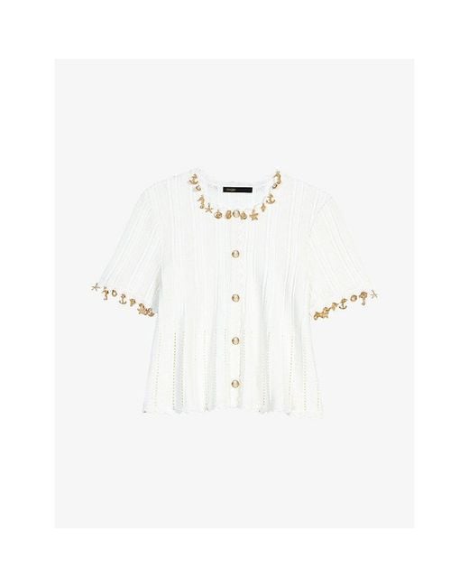 Maje White Charm-Embellished Knitted Cotton-Blend Cardigan