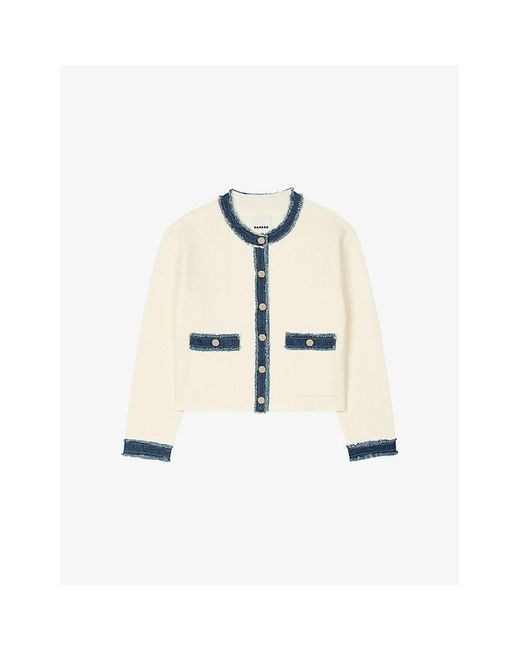 Sandro White Denim-Trim Knitted Cardigan
