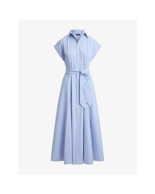 Polo Ralph Lauren Blue Striped Belted Cotton Midi Dress