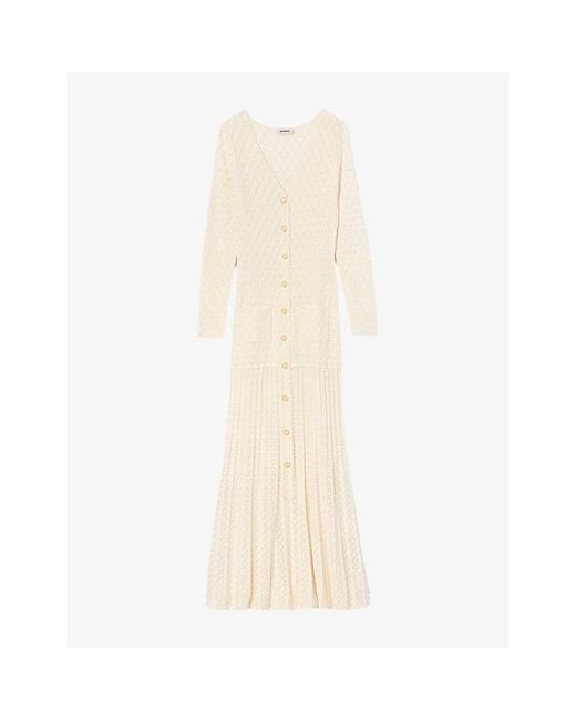 Sandro Natural Long-Sleeve Flared Open-Knit Maxi Dress