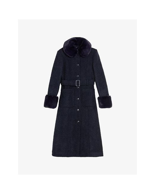 Ted Baker Blue Lyddiia Faux Fur-Collar Woven Coat