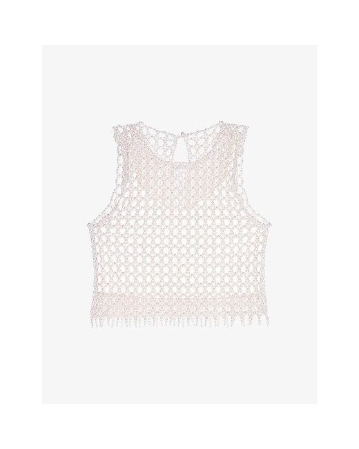 Maje White Bead-embellished Cropped Stretch-woven Top