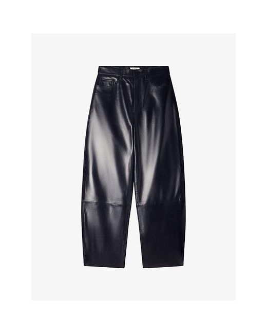 Sandro Blue Barrel-Leg High-Rise Leather Trousers