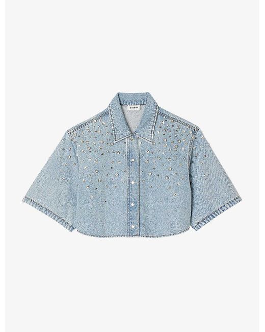 Sandro Blue Rhinestone-embellished Cropped Denim Shirt