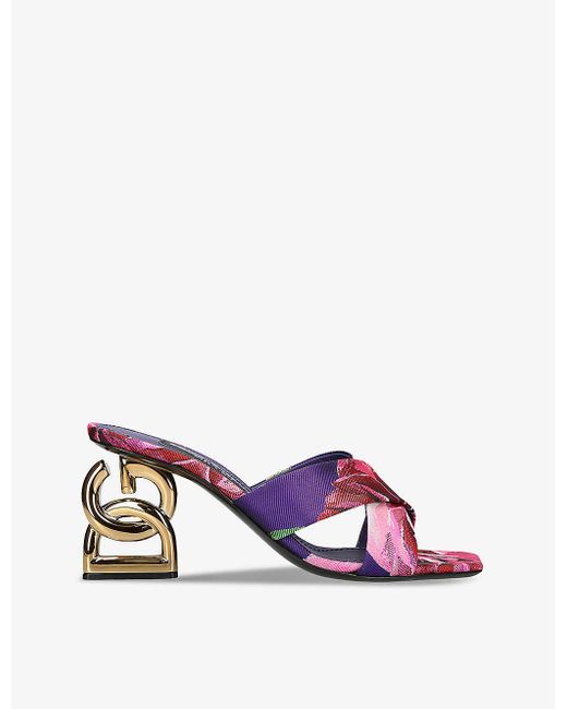 Dolce & Gabbana Purple Block-logo Floral-pattern Jacquard Heeled Sandals